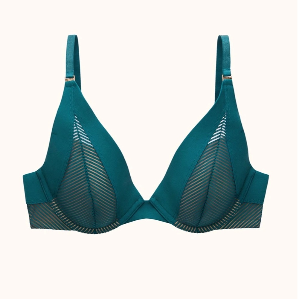 ThirdLove Shadow Stripe Uplift Plunge Bra 34F Emerald Like New!